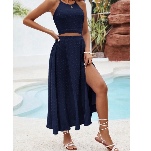 Boho Swiss Dot halter Crop Top High Waisted Maxi Skirt - Picture 9 of 9